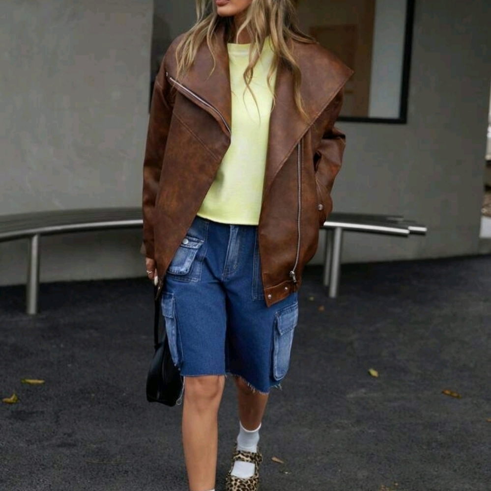 Trendy Distressed Rusty Brown PI Oversized Collar Metal Zip Wom - Picture 2 of 7